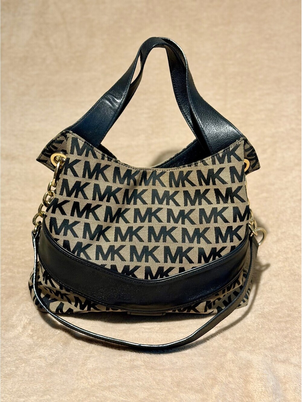 Michael Kors MK Signature Jacquard Hobo Shoulder Bag Black Beige Gold